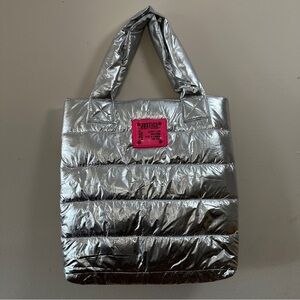 Justice Metallic Silver Puffer Tote Bag - Quilted Shiny Puffy Handbag - Hot Pink
